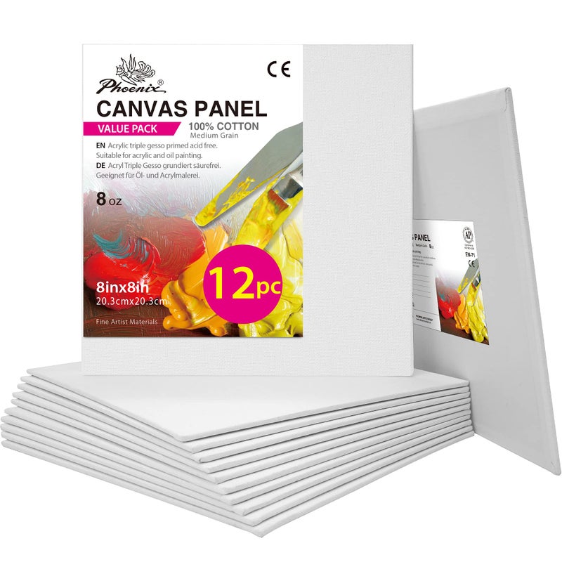 PHOENIX Painting Canvas Panels 8x8 Inch, 12 Value Pack - 8 Oz Triple Primed 100% Cotton Acid Free Square Canvas Boards for Painting, White Blank Flat Canvas Boards for Acrylic, Oil Paints - Image 1